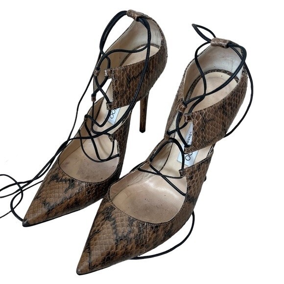 Jimmy Choo “Hoops” Snake Skin Sexy Lace Up Pumps size 37 1/2 - Picture 2 of 12